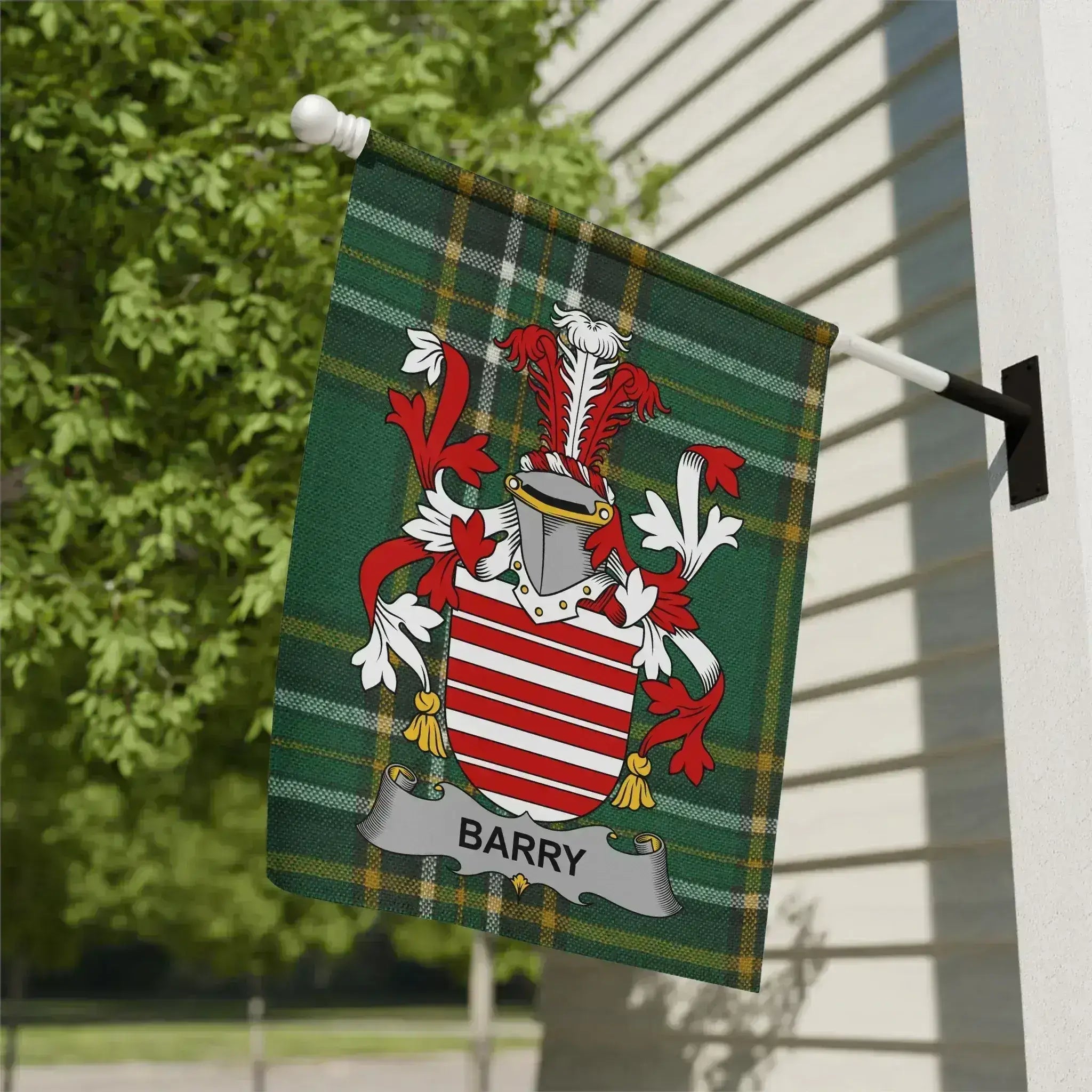 Barry Irish family crest garden flag on an Irish National Tartan background
