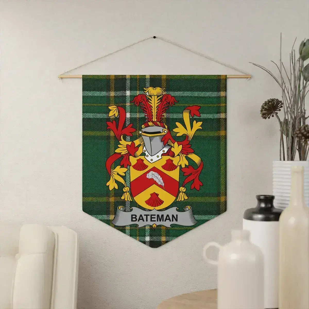 Bateman Irish family crest wall pennant — crest on the Irish national tartan