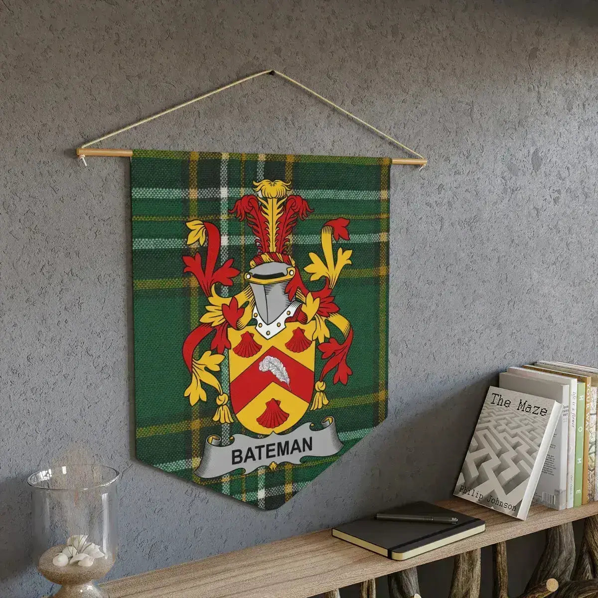 Bateman Irish family crest wall pennant — tartan wall hanging display