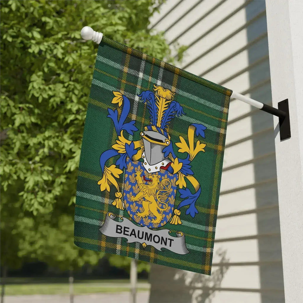 Beaumont Irish family crest garden flag on an Irish National Tartan background