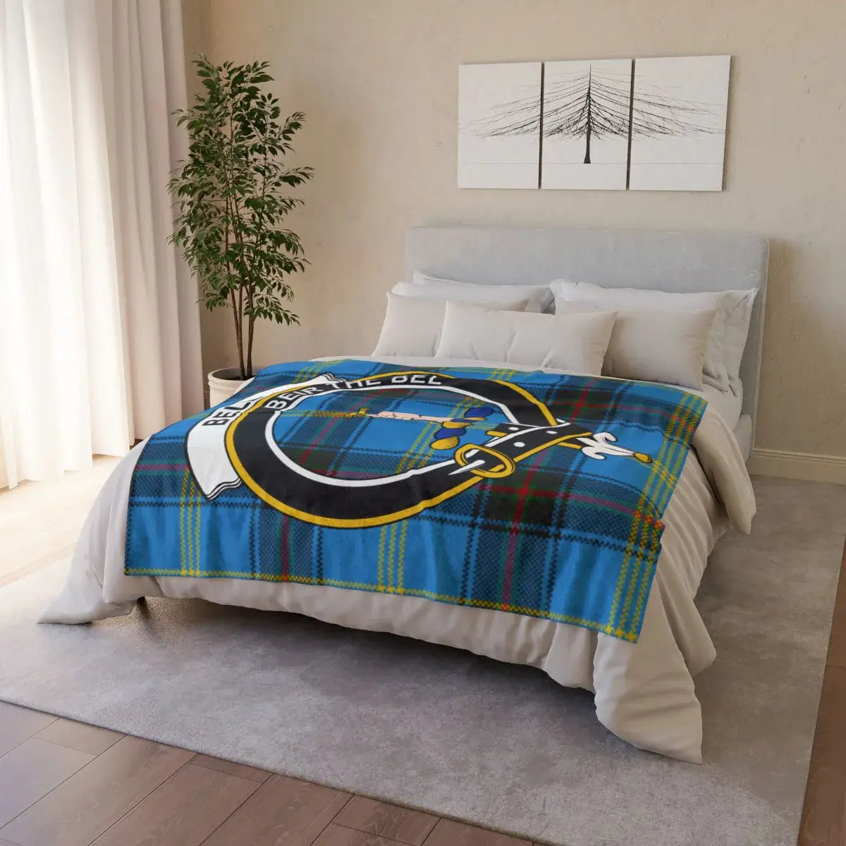 Bell tartan throw draped over sofa — 100% polyester, clan crest print, soft and lightweight