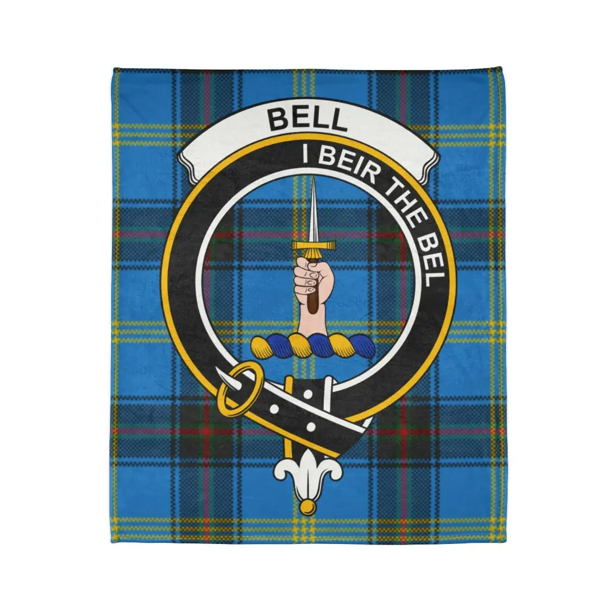 Clan Bell I Beir the Bel tartan throw closeup — clan crest and design on soft 100% polyester