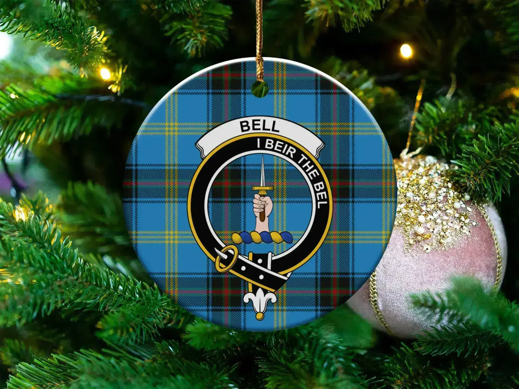 Clan Bell Scottish tartan ceramic Christmas ornament — 3 inch round, I Beir the Bel design, glossy finish