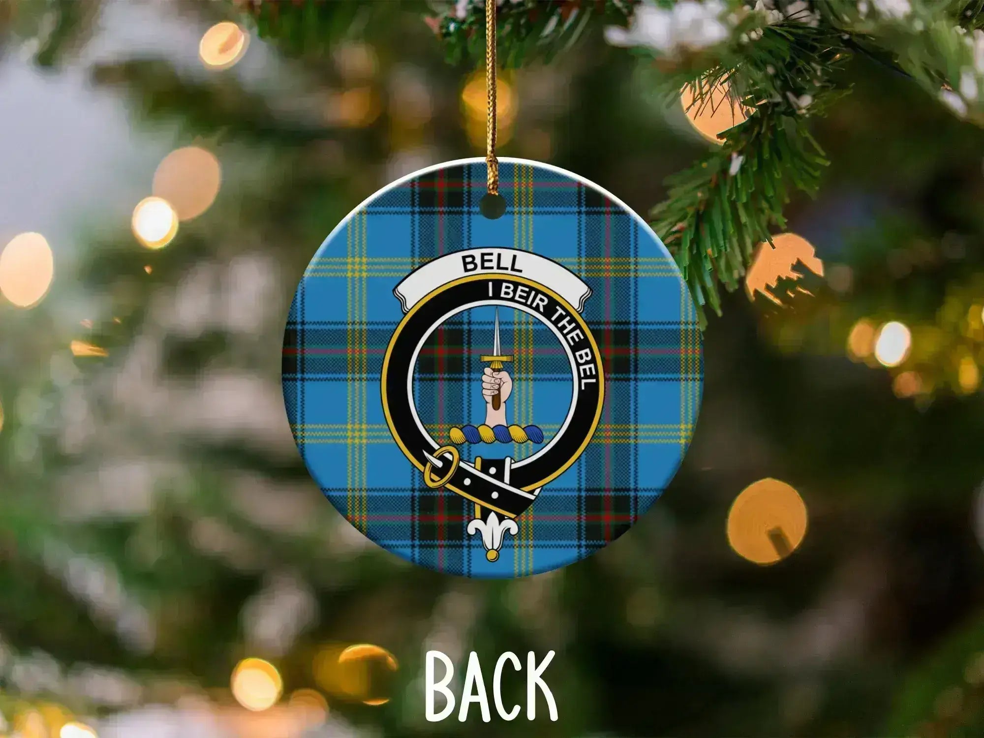 Bell clan tartan ceramic ornament on Christmas tree — 3 inch, double-sided print, gold string