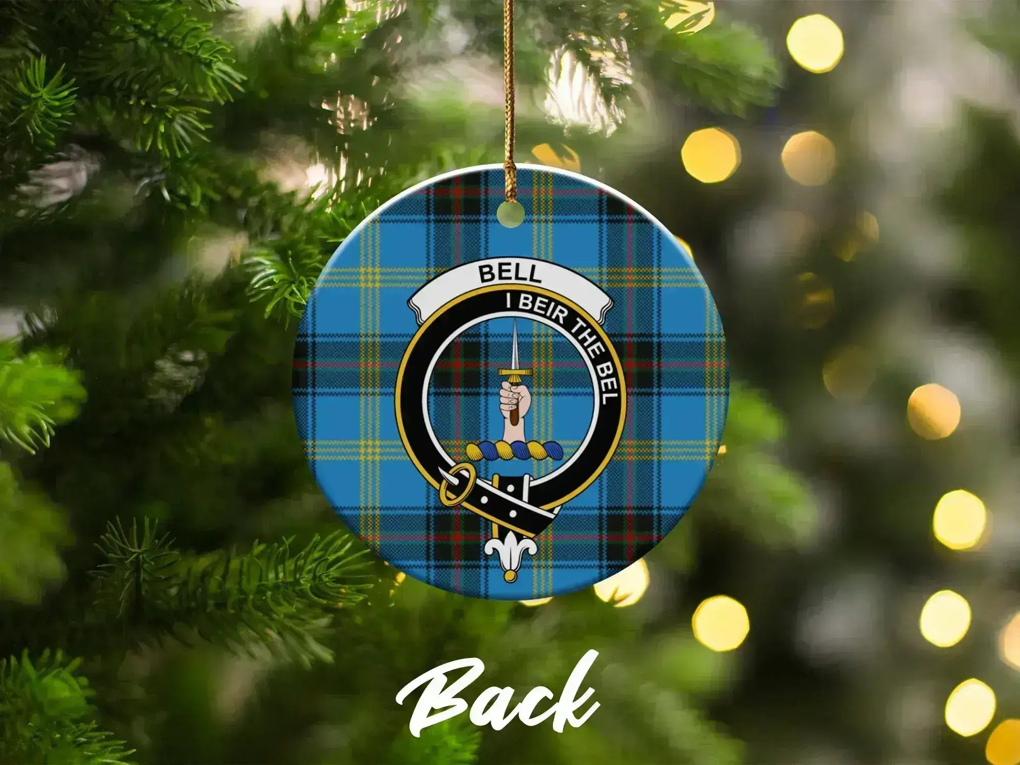 Bell I Beir the Bel ceramic ornament front — clan crest and tartan design, Scottish heritage keepsake