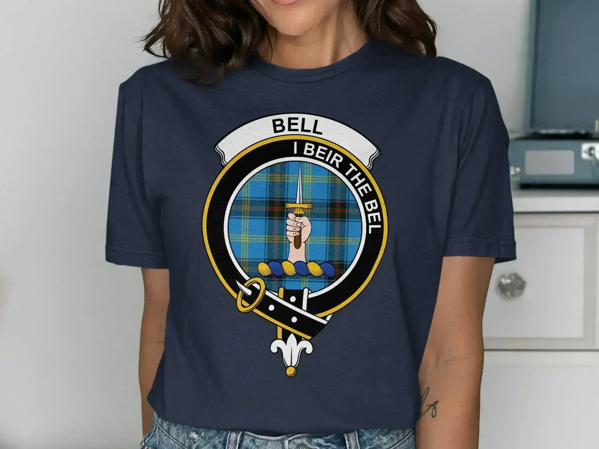 Bell I Beir the Bel clan crest tee in royal blue — tartan design inspired by Scottish ancestry