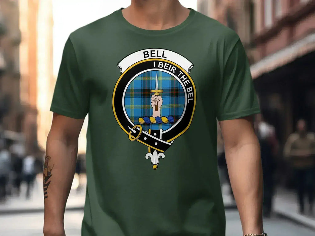 Bell clan crest tartan t-shirt in black — I Beir the Bel design, unisex cotton fit, S to 3XL