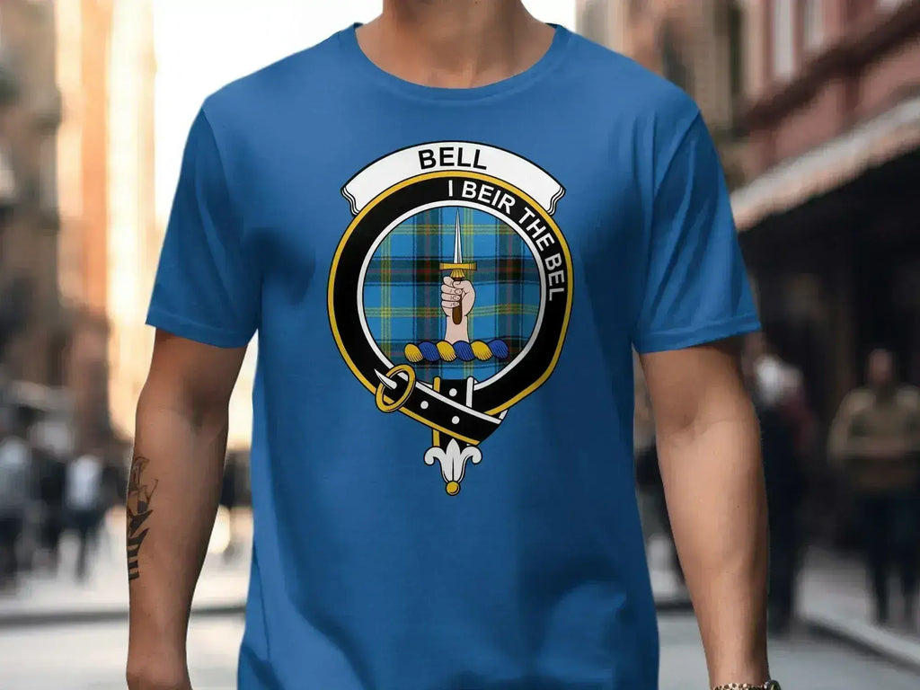 Bell clan crest tartan t-shirt design detail — I Beir the Bel motto, Scottish heritage print on chest