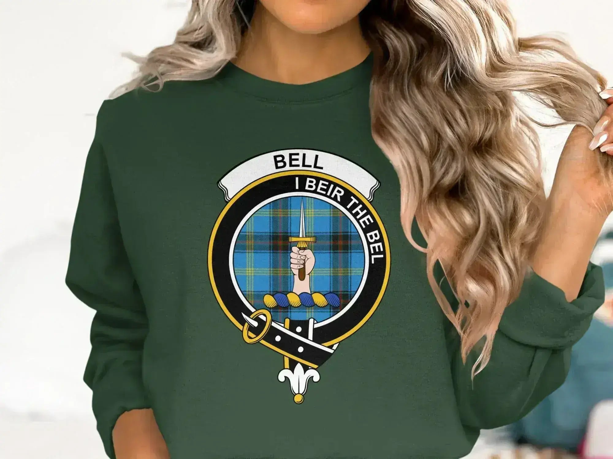 Bell I Beir the Bel clan crest sweatshirt in navy — fleece interior, Scottish tartan design S to 3XL