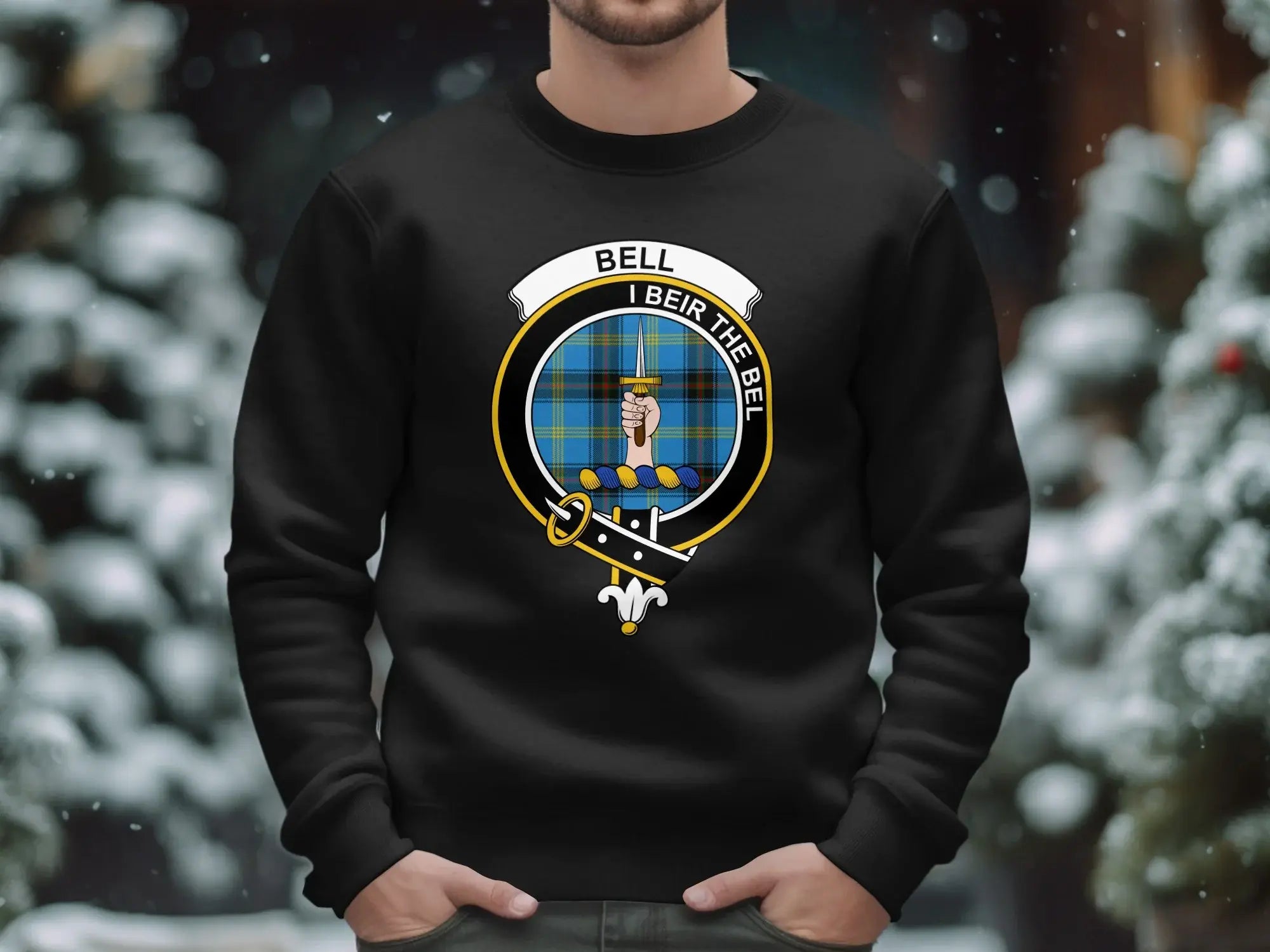 Clan Bell I Beir the Bel sweatshirt in black — crest and tartan design, pre-shrunk fleece