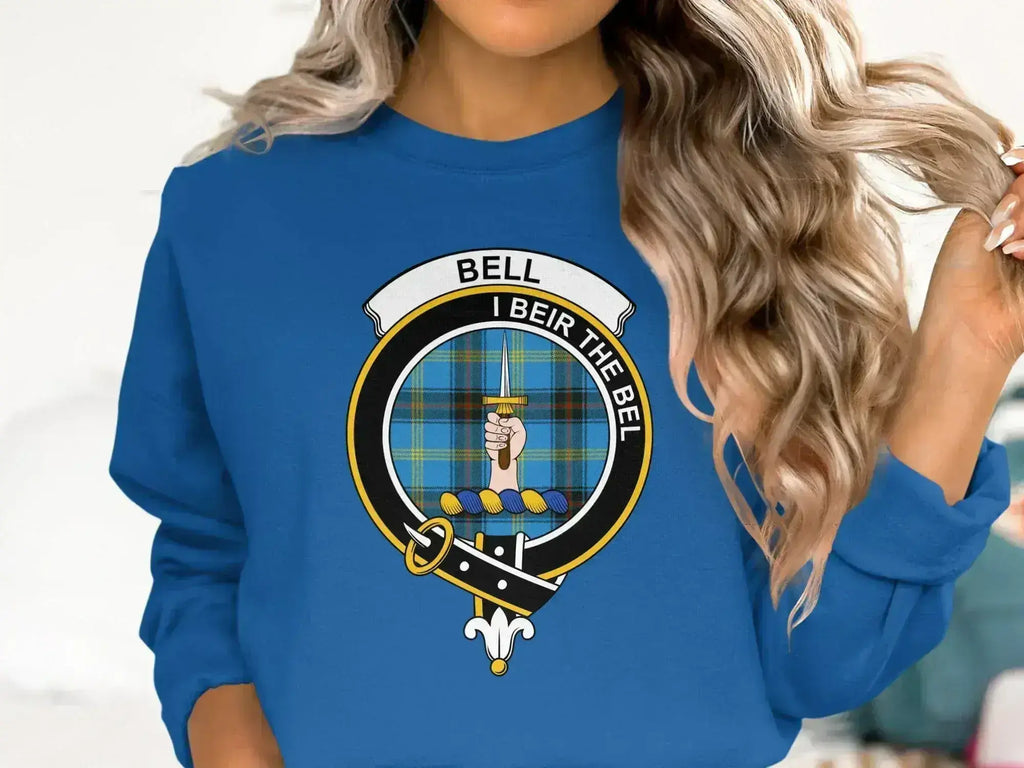 Bell clan crest sweatshirt in royal blue — I Beir the Bel tartan print, fleece crewneck