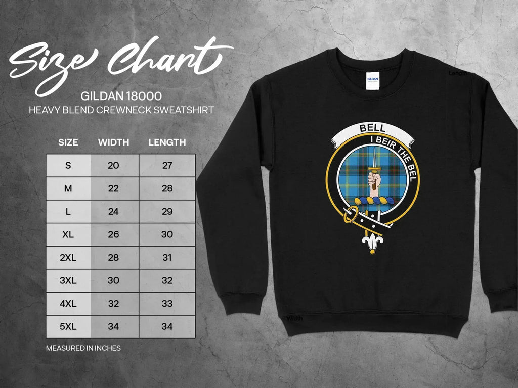 Bell clan crest crewneck sweatshirt in navy — I Beir the Bel design, fleece Scottish heritage apparel