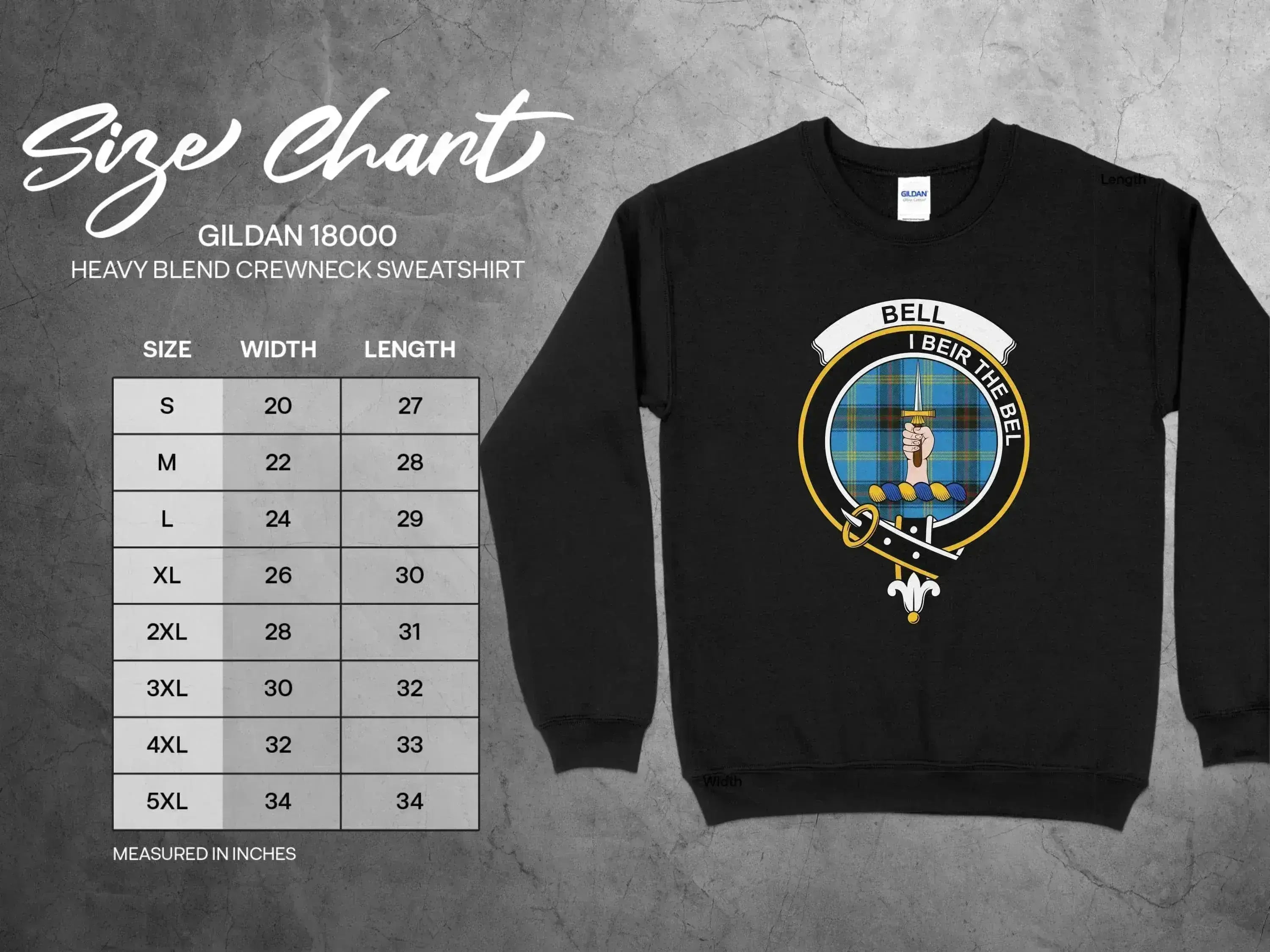 Bell clan crest crewneck sweatshirt in navy — I Beir the Bel design, fleece Scottish heritage apparel