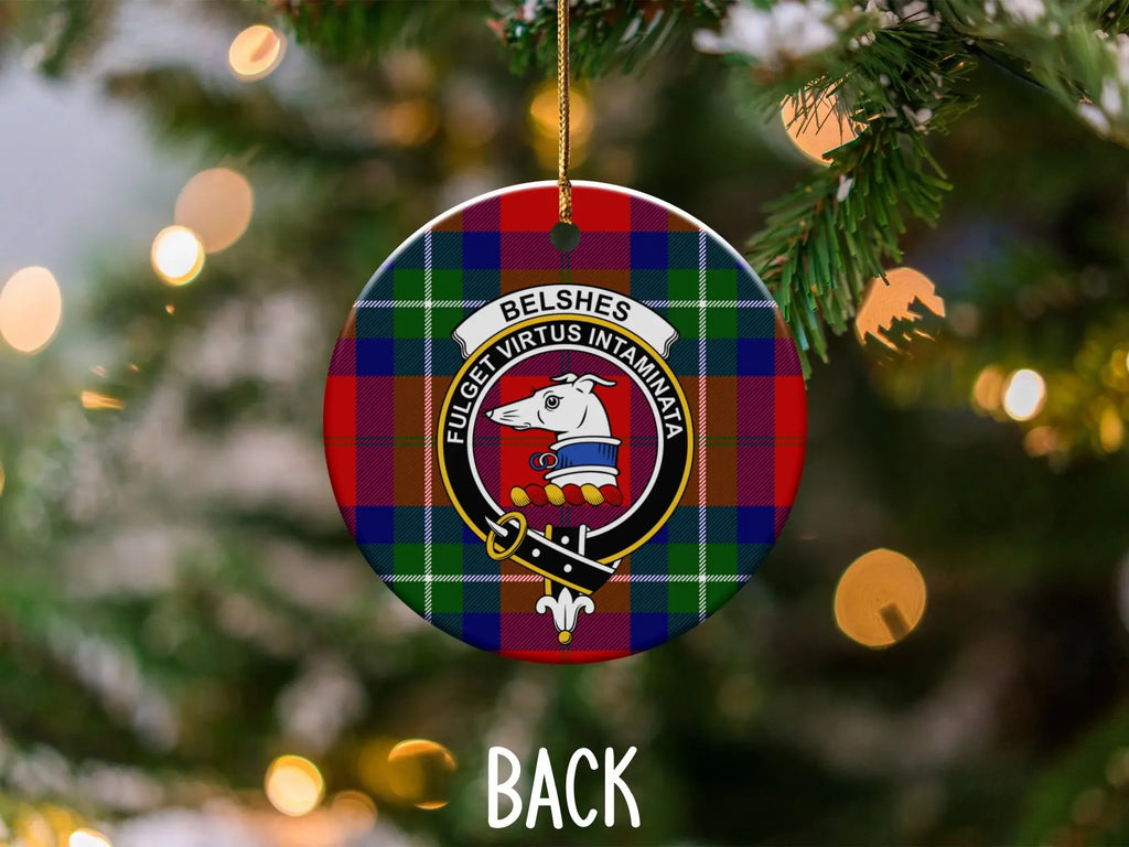 Belshes ceramic ornament hanging on Christmas tree