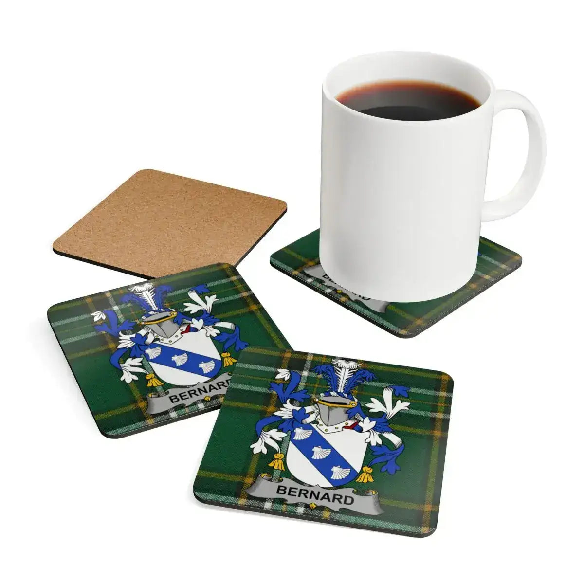 Bernard Family Crest On Plaid Coasters Set Product
