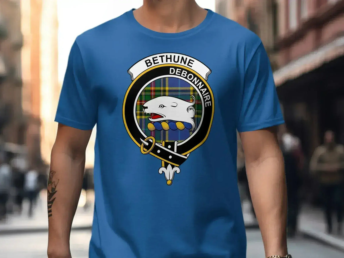 Clan Bethune Debonnaire clan crest t-shirt — navy, S to 3XL