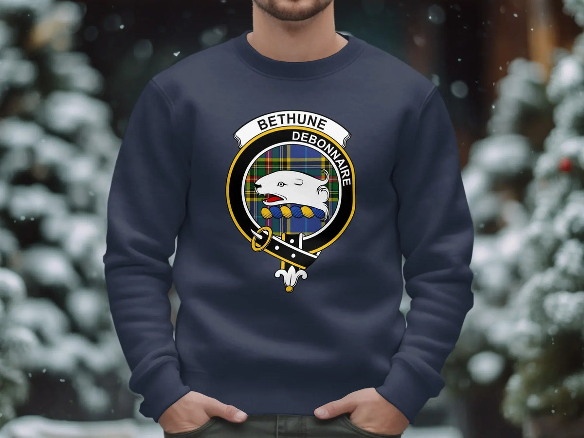 Bethune Debonnaire family crest sweatshirt — forest green, sizes S to 3XL