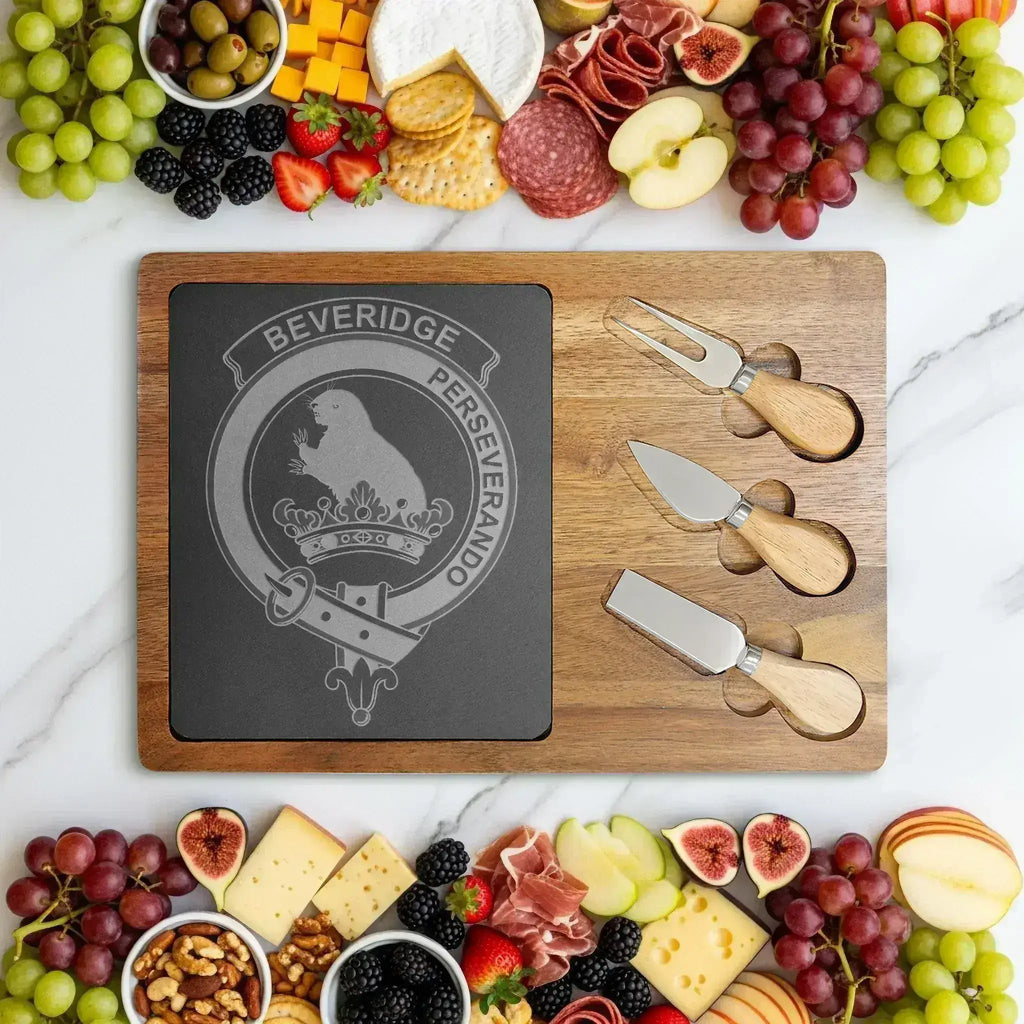 Beveridge clan crest and Perseverando engraved on acacia-and-slate charcuterie board