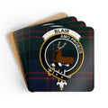 Clan Blair crest tartan coaster set — four corkwood square coasters with Amo Probos motto and stag crest