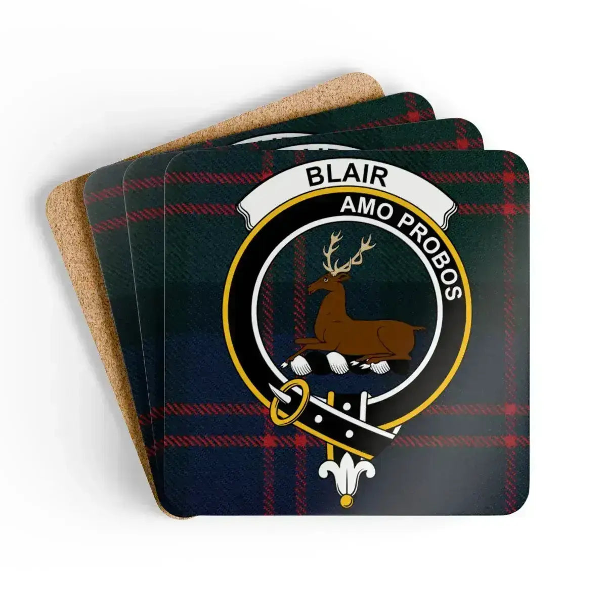 Clan Blair crest tartan coaster set — four corkwood square coasters with Amo Probos motto and stag crest