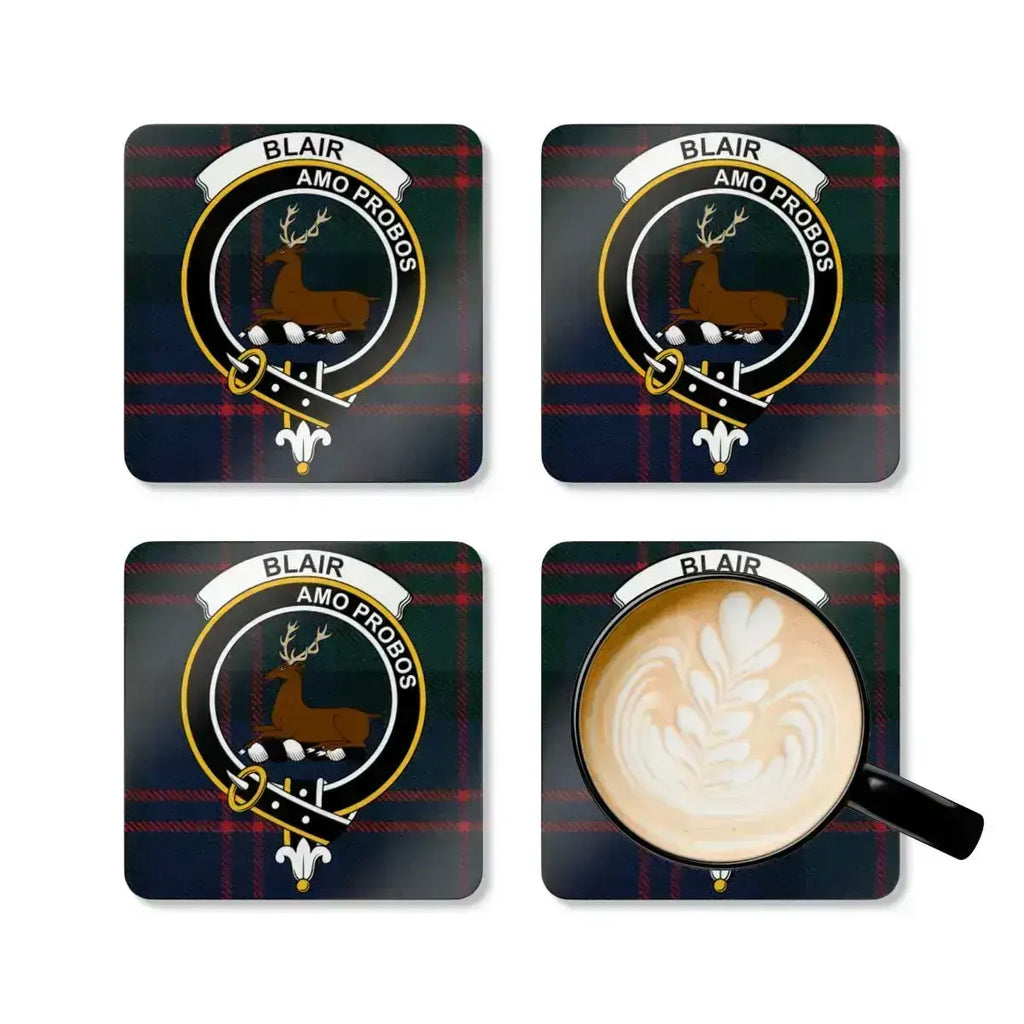 Blair clan crest coasters on table — set of four, 3.75 inch square, Scottish heritage design