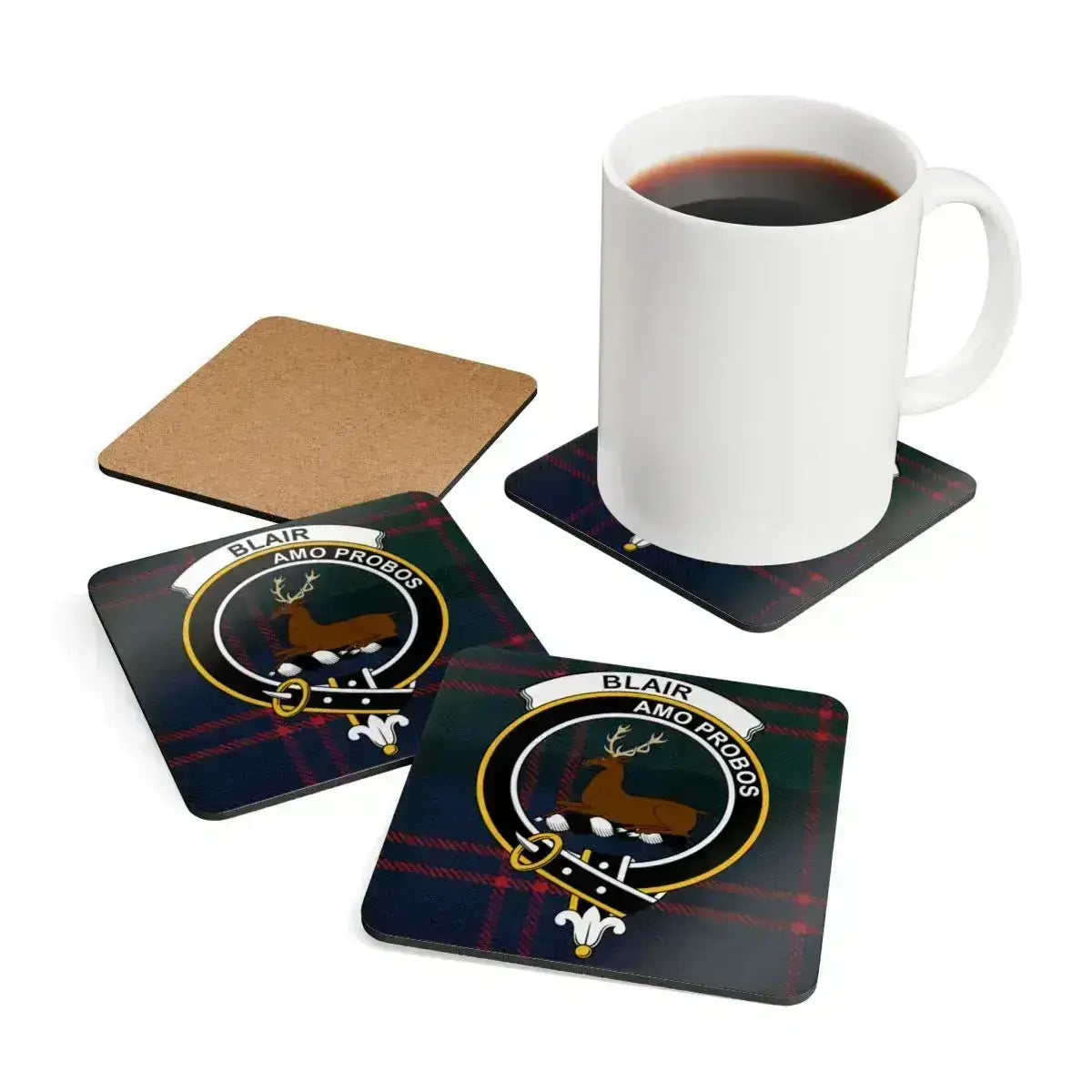 Blair Amo Probos clan crest coaster in use — glossy printed surface, natural corkwood base