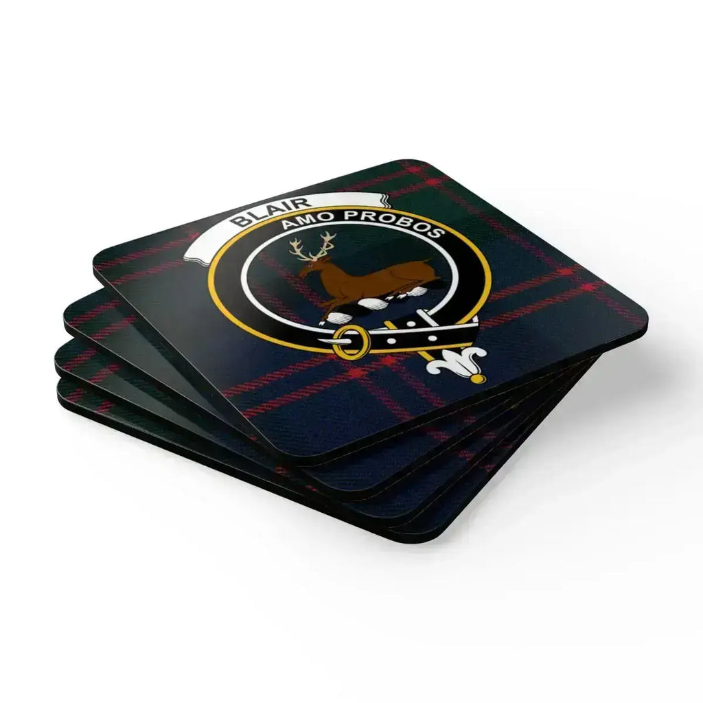 Blair Amo Probos tartan coaster set closeup — full-colour glossy print, clan crest design
