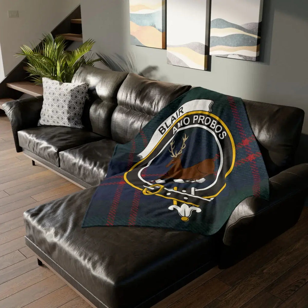 Clan Blair polyester printed tartan throw blanket — clan crest design, 50x60 lightweight