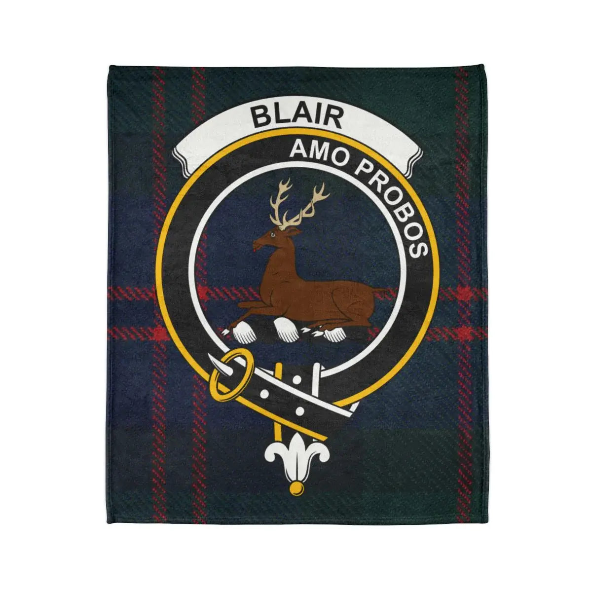 Blair Amo Probos plaid printed throw closeup — clan crest and tartan design on soft polyester