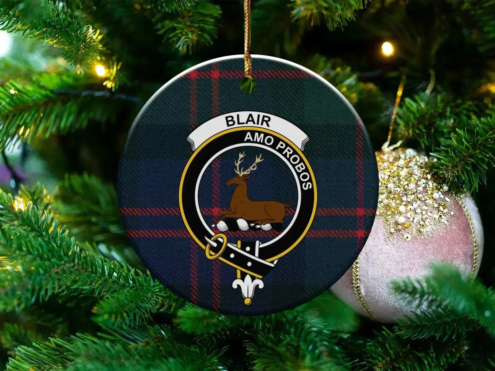 Clan Blair Scottish tartan ceramic Christmas ornament — 3 inch round, Amo Probos crest design, glossy finish