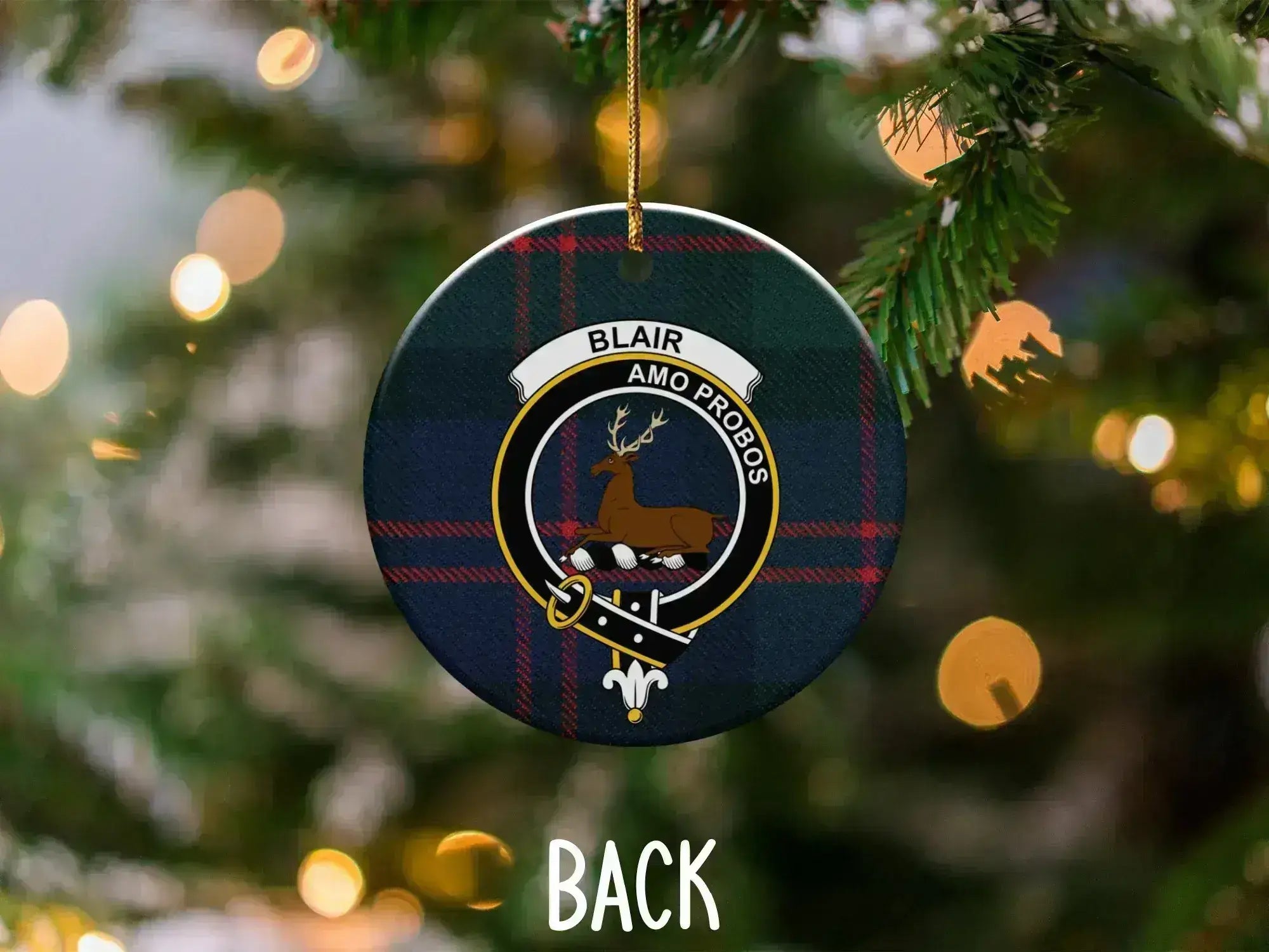 Blair clan crest tartan ceramic ornament on Christmas tree — 3 inch, double-sided print, gold string