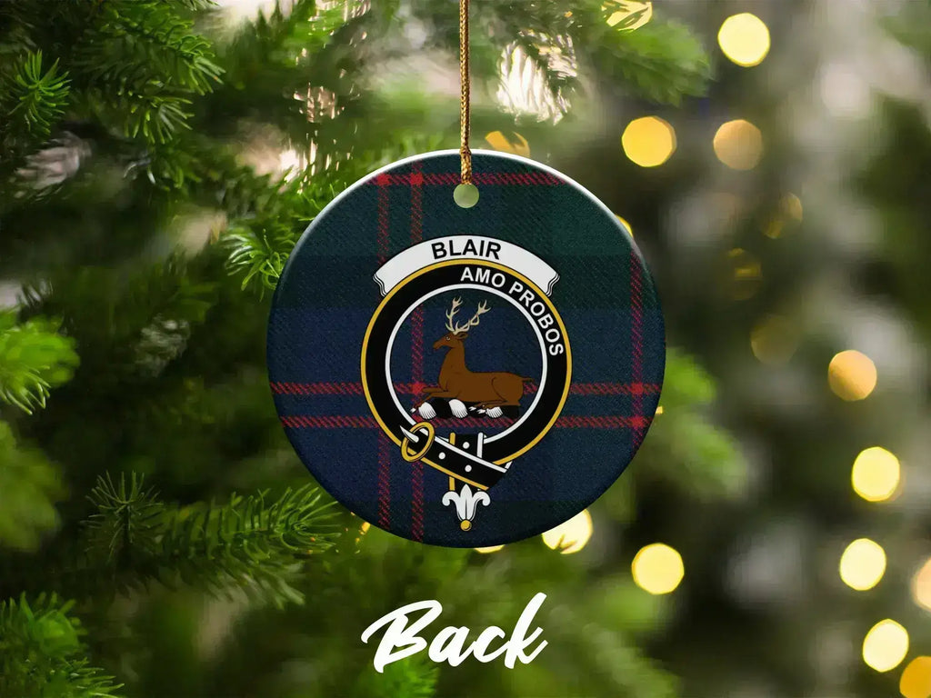 Blair Amo Probos clan crest ceramic ornament front — Scottish heritage keepsake, glossy UV-printed