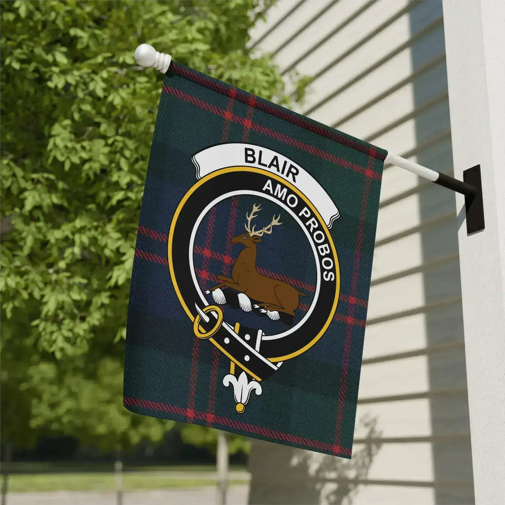 Clan Blair tartan garden flag — Amo Probos clan crest design, 12x18 poly canvas outdoor display