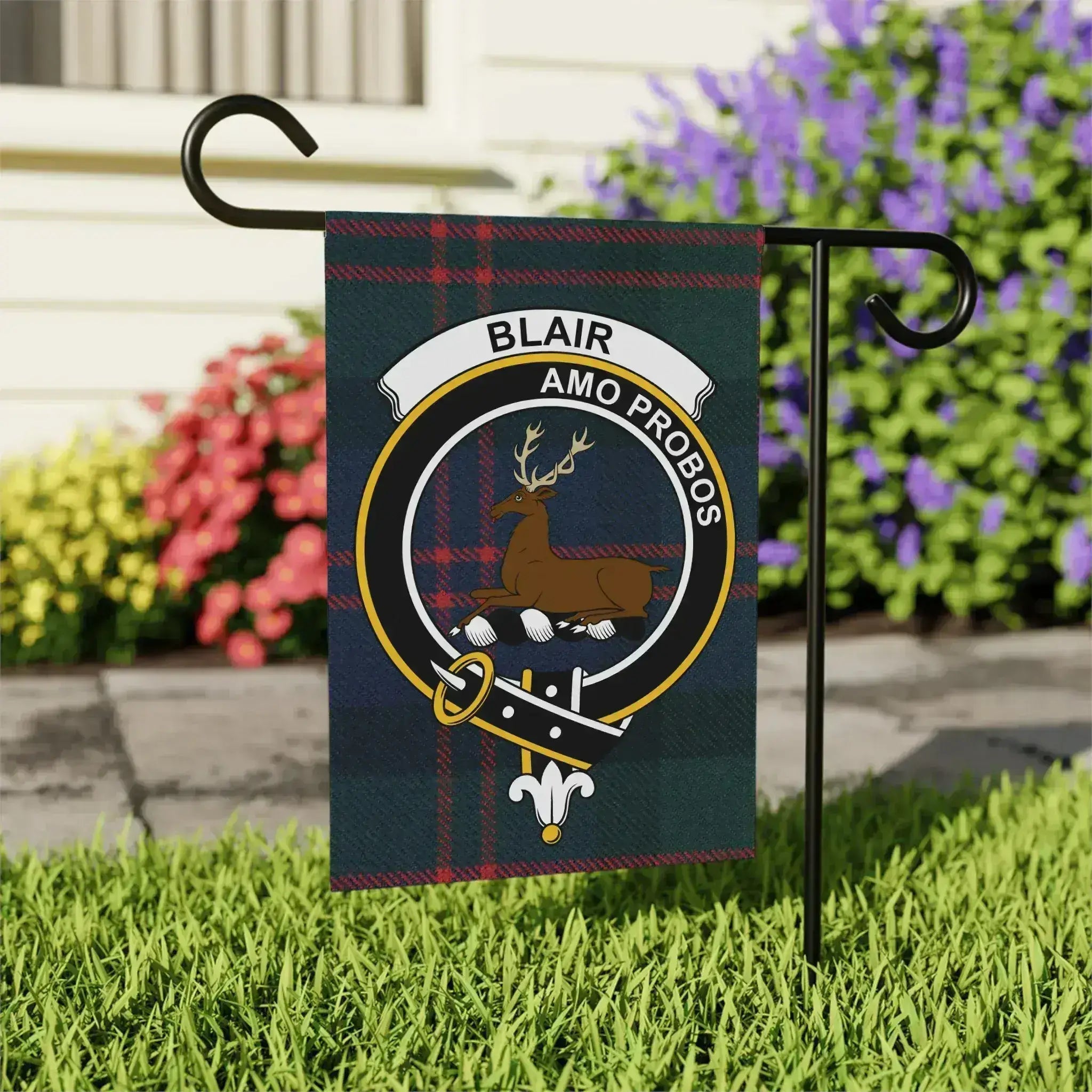 Blair clan tartan garden flag on pole — 24.5x32 weather-resistant outdoor display, Amo Probos motto
