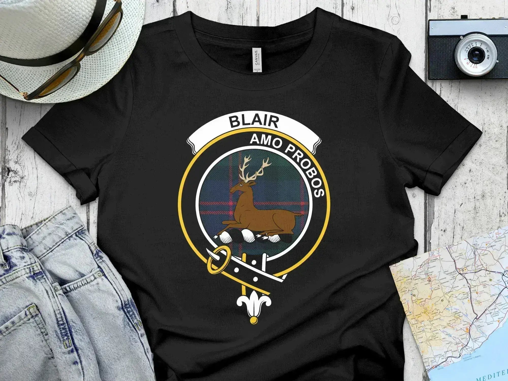 Clan Blair crest tartan t-shirt in navy — Amo Probos motto, cotton Scottish heritage tee