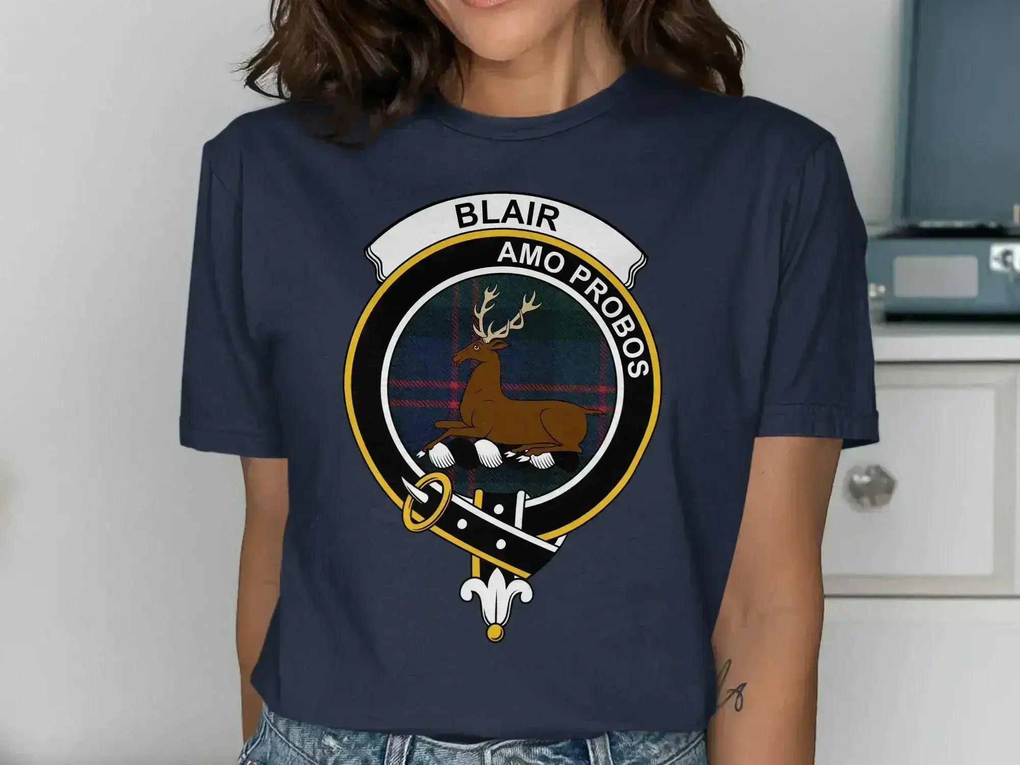 Blair clan crest tee in royal blue — tartan design inspired by Scottish ancestry, cotton fit