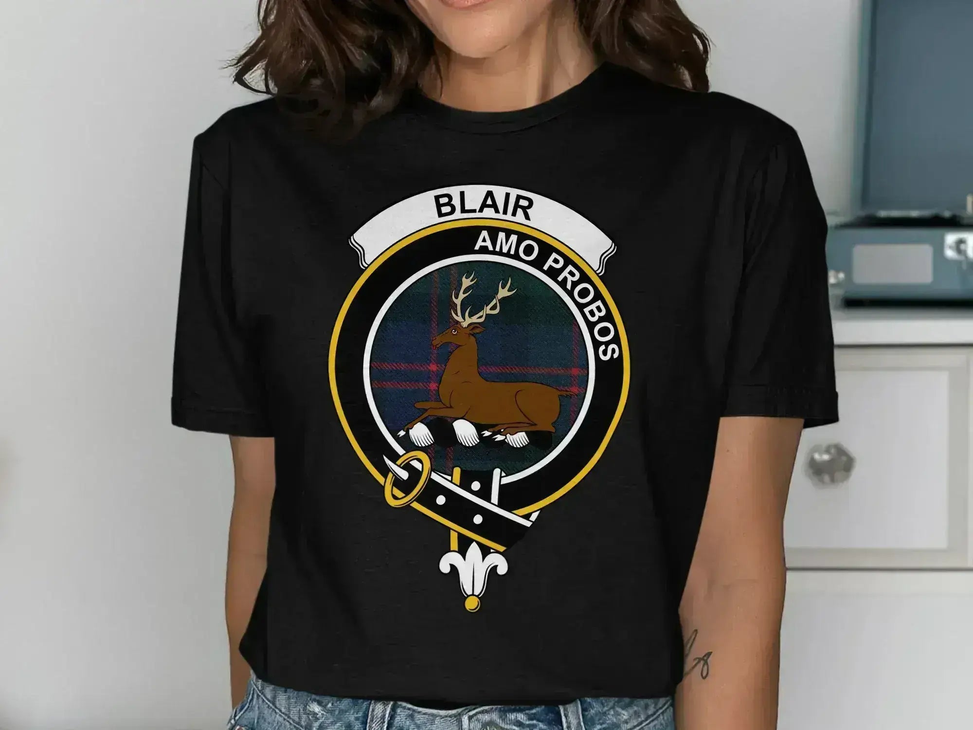 Blair clan crest emblem tee in forest green — Amo Probos design, unisex cotton fit