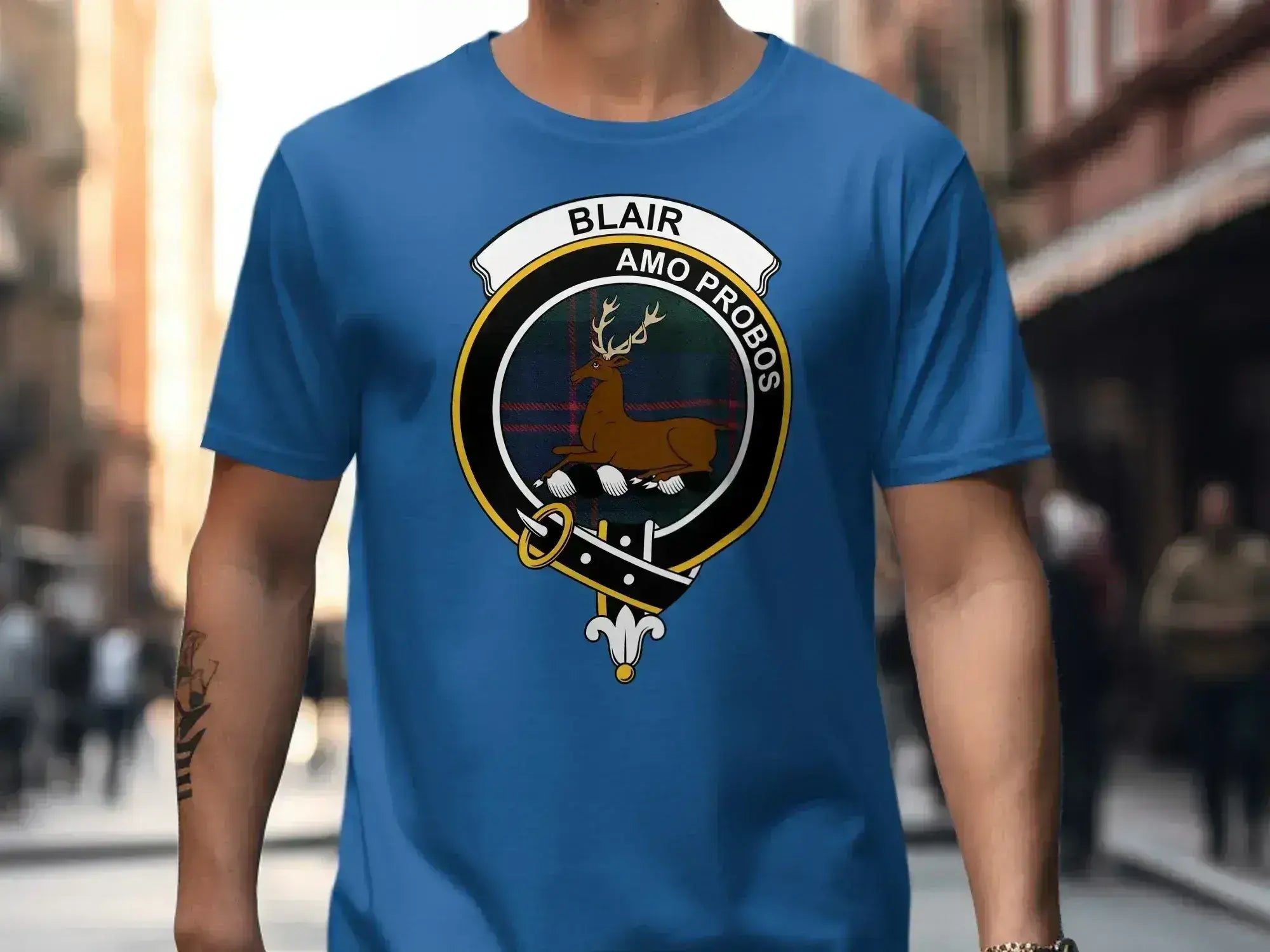 Blair Amo Probos graphic tee in navy worn — clan crest and tartan print on chest