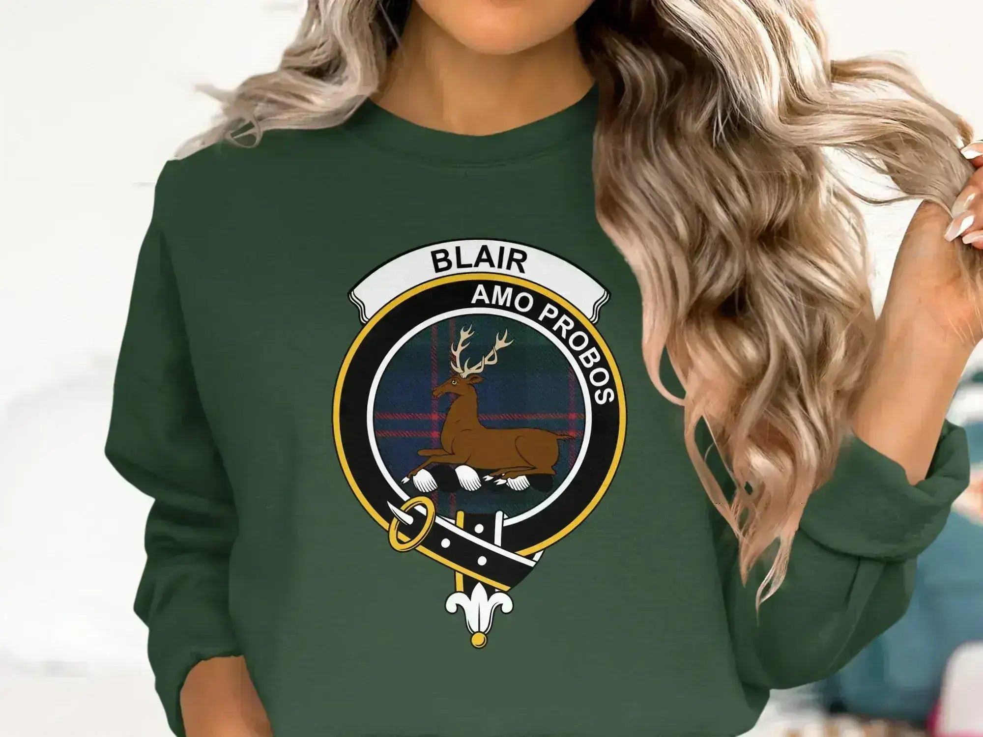 Blair Amo Probos family crest sweatshirt in navy — fleece interior, clan tartan design S to 3XL