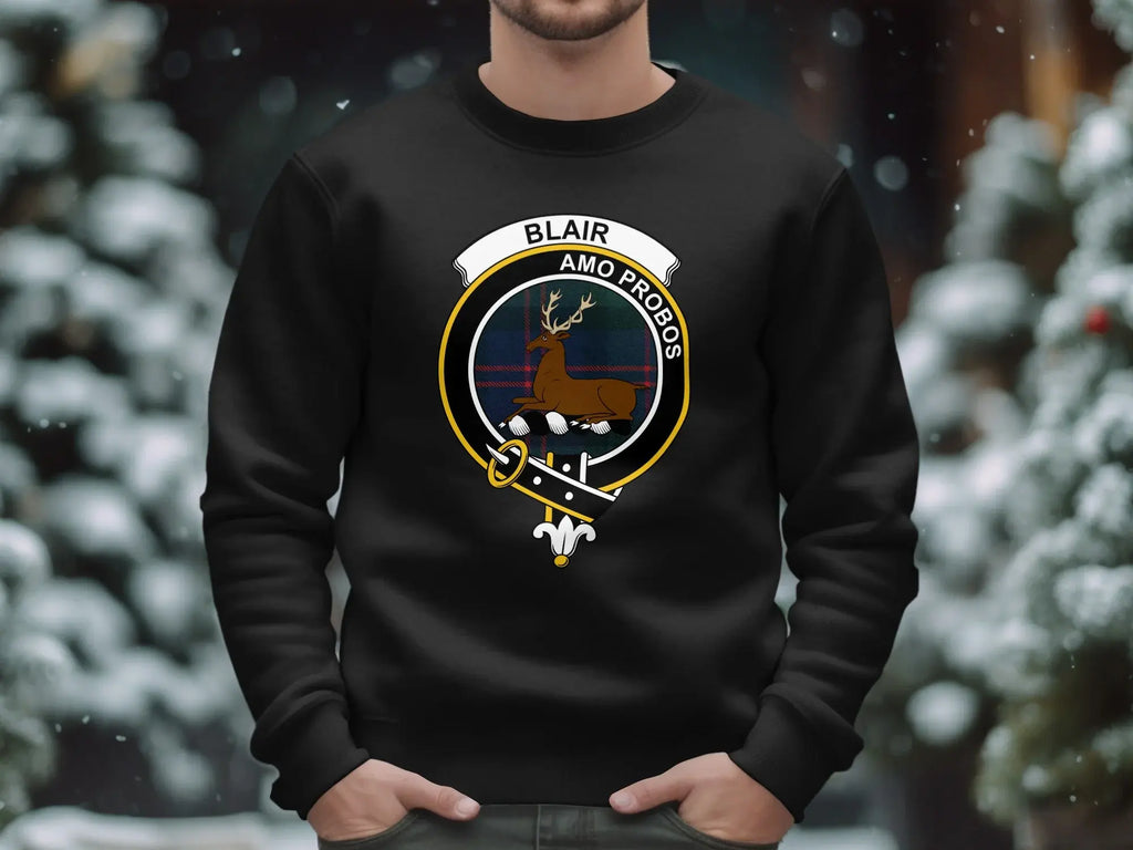 Blair clan crest sweatshirt in black — Amo Probos tartan design, pre-shrunk fleece