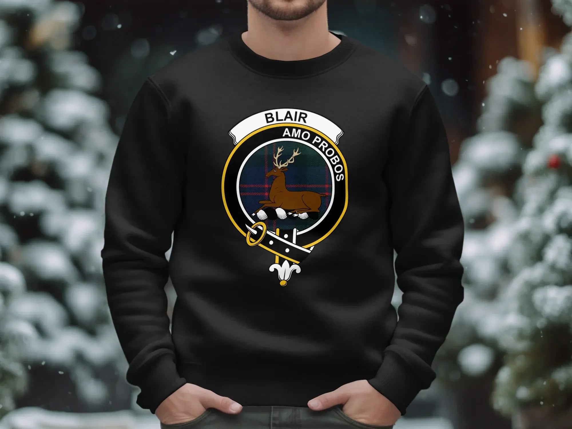 Blair clan crest sweatshirt in black — Amo Probos tartan design, pre-shrunk fleece