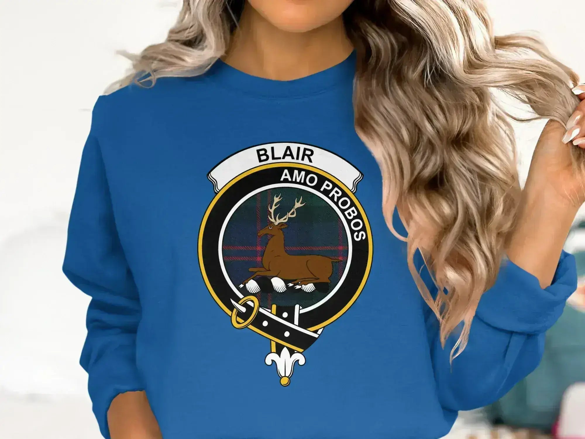 Blair Amo Probos sweatshirt in royal blue — deer crest and tartan design, fleece crewneck