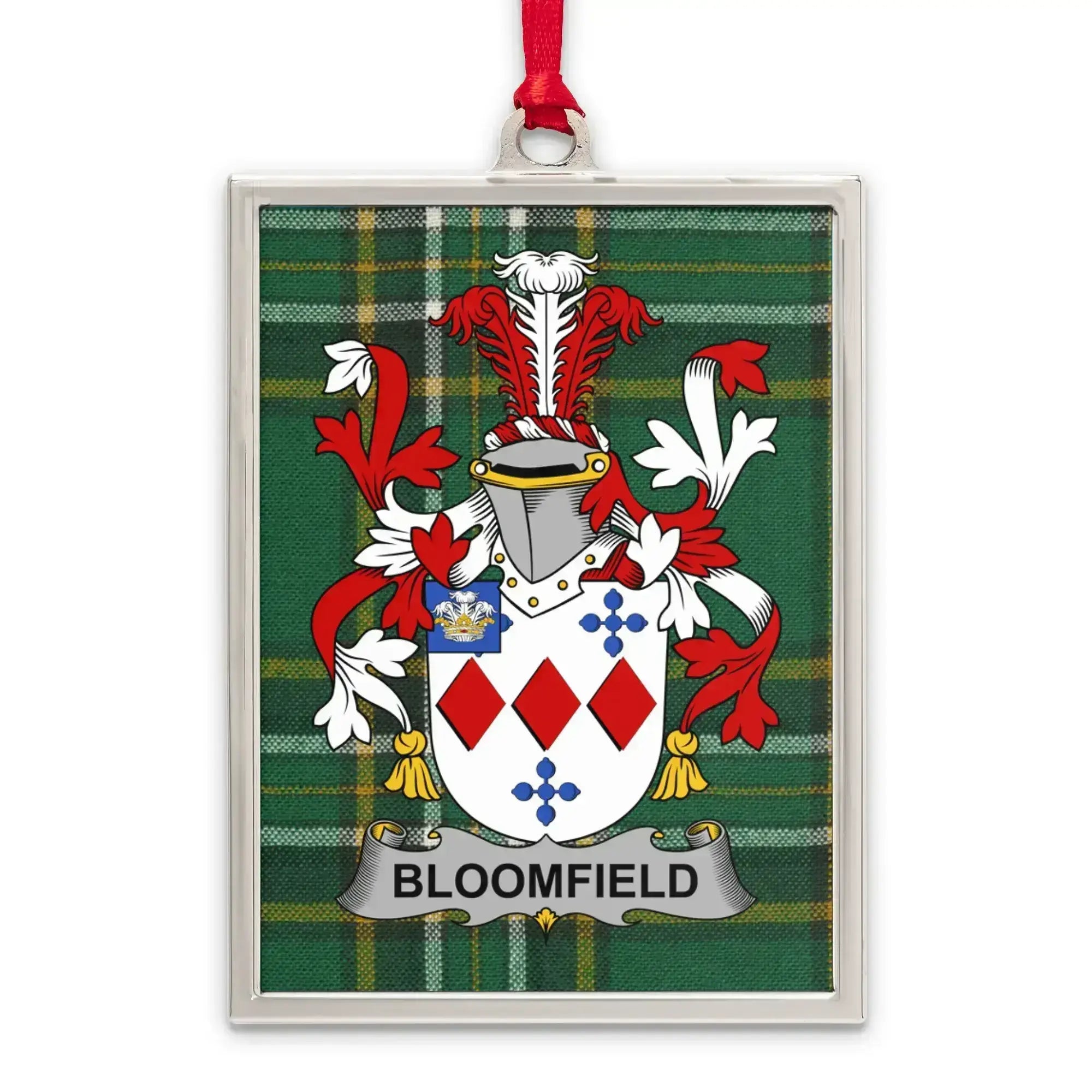 Bloomfield Family Crest on Green Plaid Background product