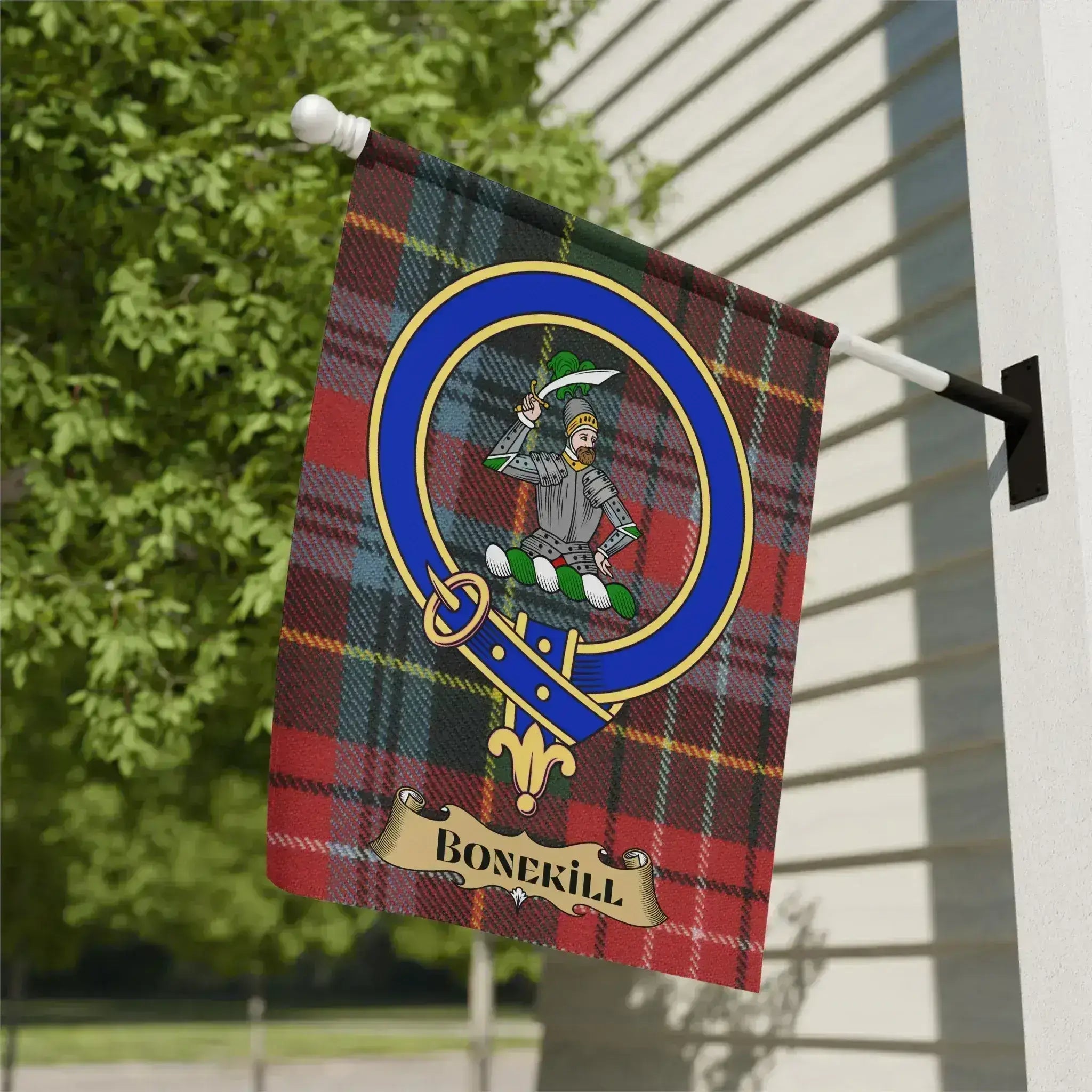 Bonekill clan crest tartan garden flag for outdoor display