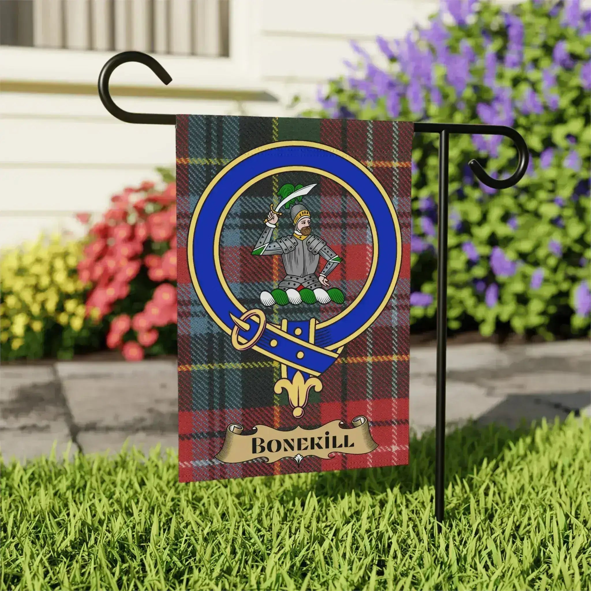 Bonekill tartan garden flag shown in 12x18 and 24x32 inch sizes