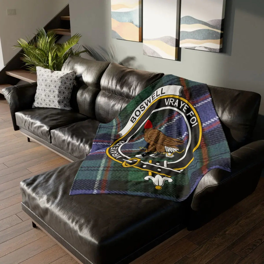 Custom Scottish clan Boswell tartan crest throw blanket — 100% polyester