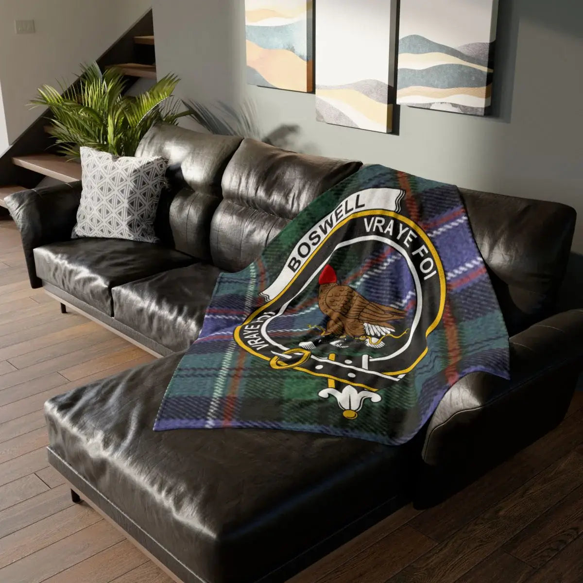 Custom Scottish clan Boswell tartan crest throw blanket — 100% polyester