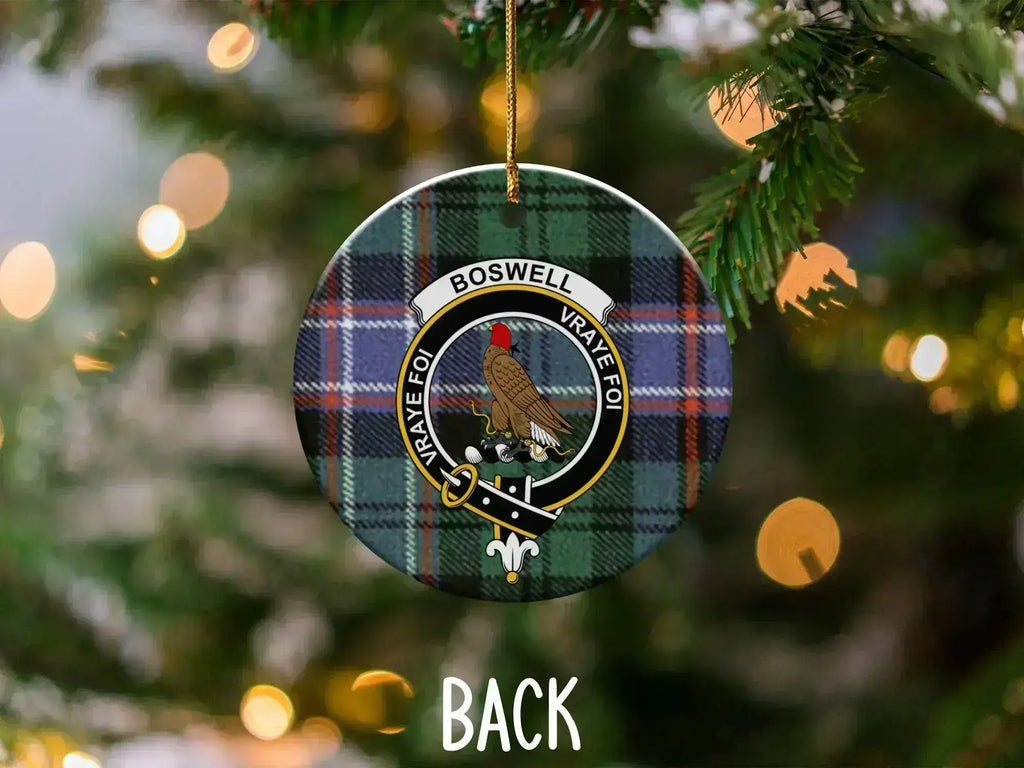 Boswell vraye foi tartan ornament — back view, ceramic heritage keepsake