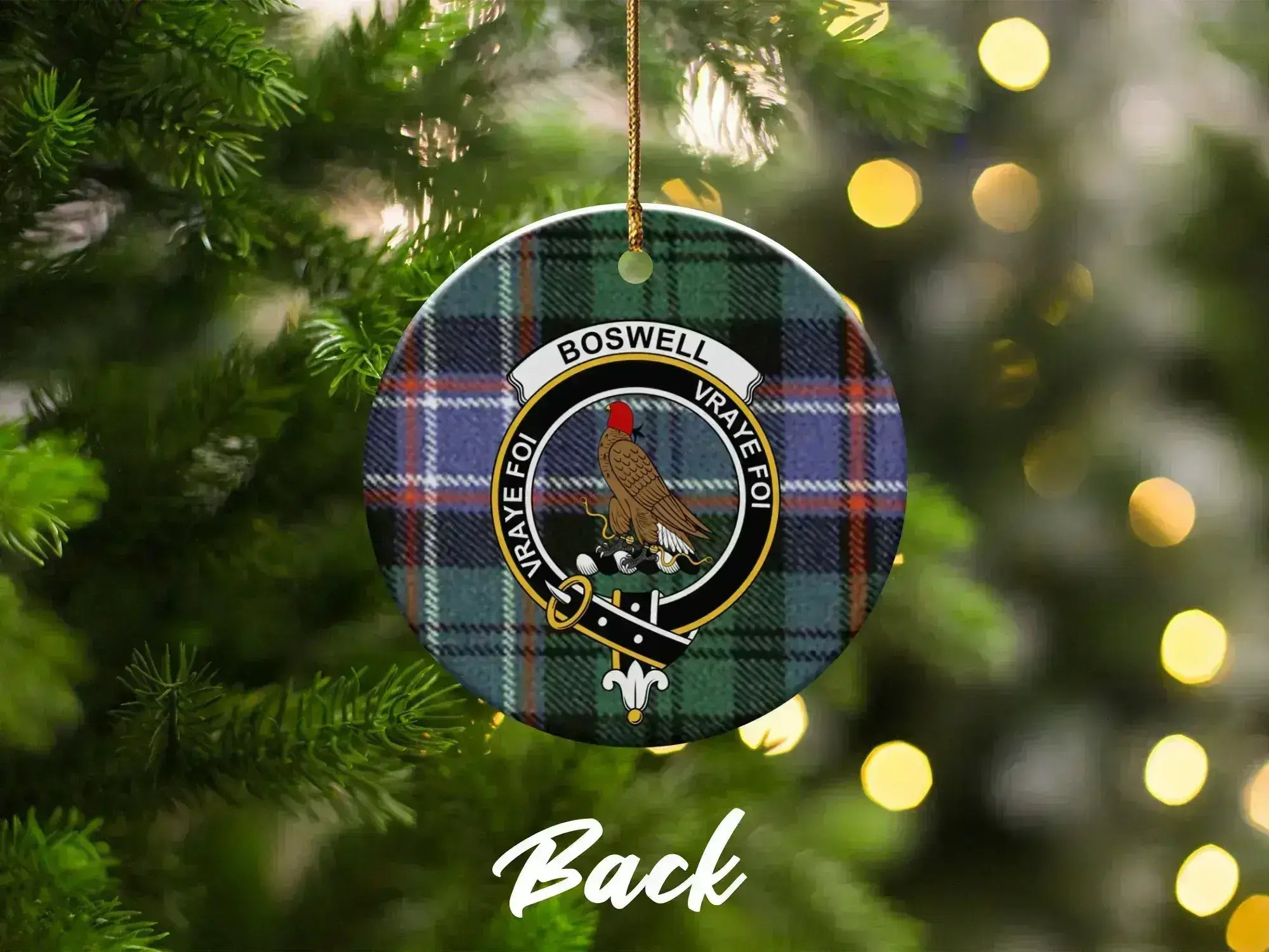Clan Boswell vraye foi plaid Christmas ornament — on tree, gold string