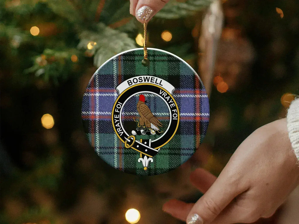 Boswell vraye foi tartan Christmas ornament — round ceramic, gold hanging string